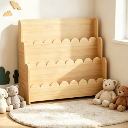 3-Tier Scalloped Wooden Kids Bookshelf, Natural Finish – Display Organiser for Nursery, Playroom, and Classroom